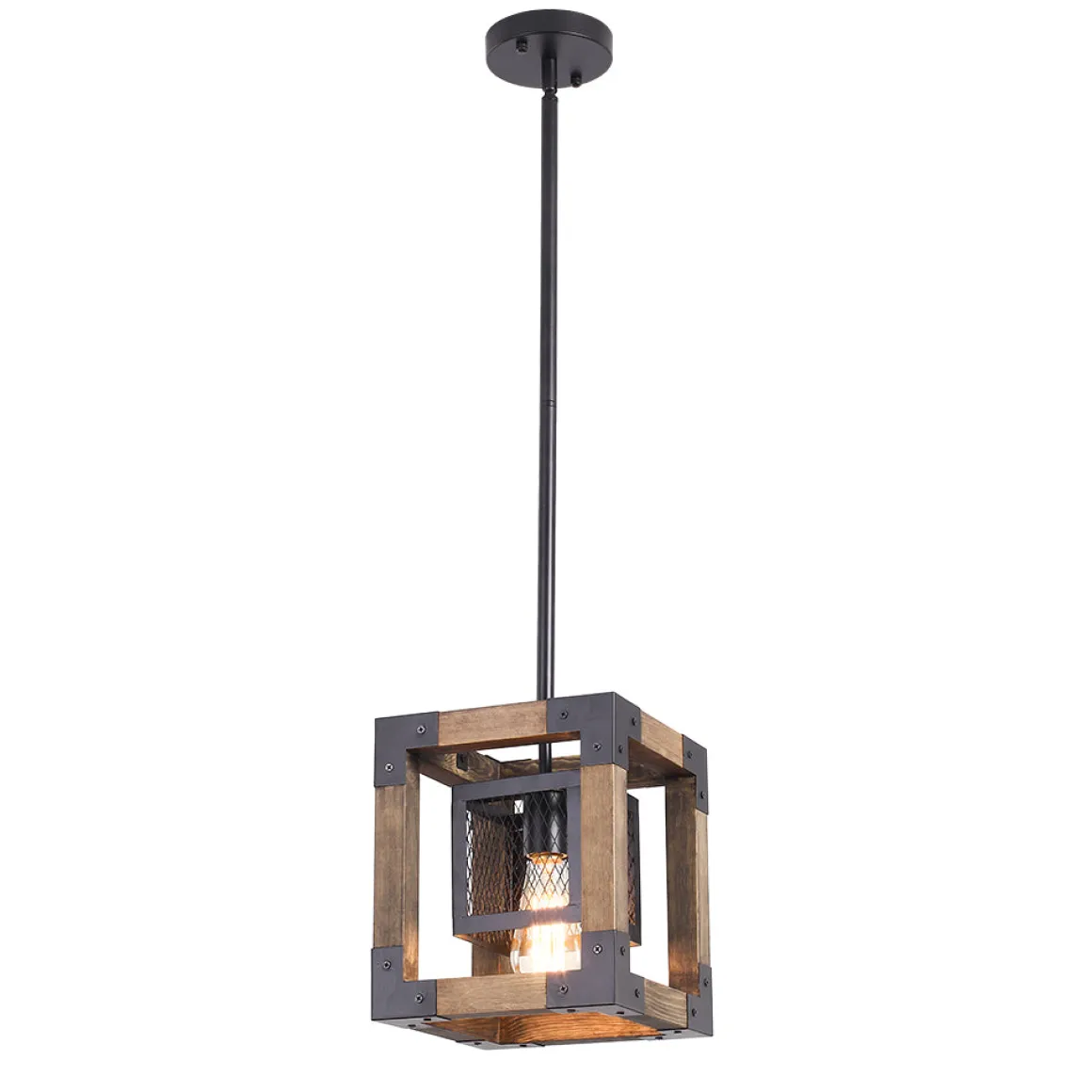 1-Light Square Wood Pendant Light