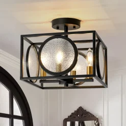 4-light Textured Glass Square Lantern Semi Flush Mount
