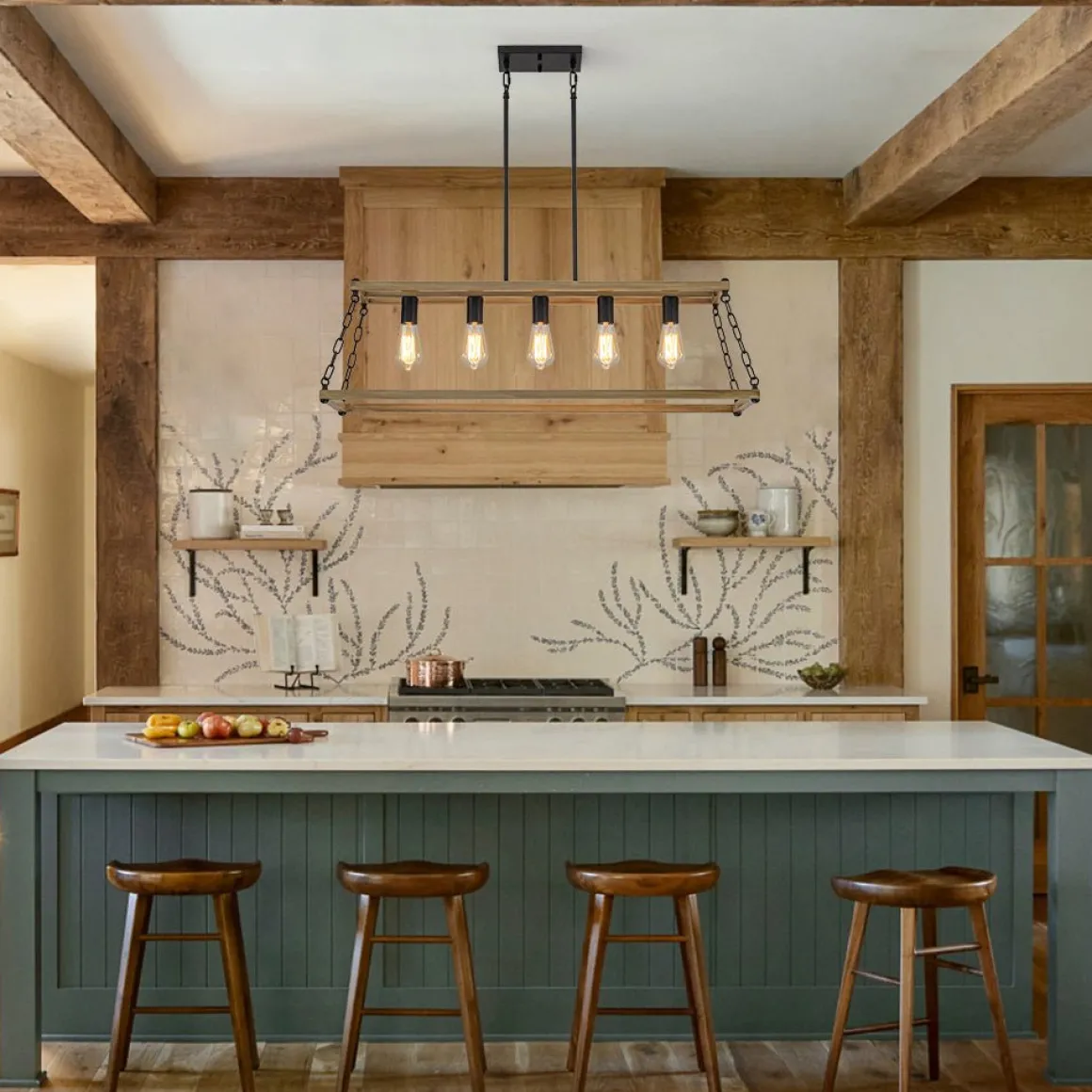 5-Light Trapezoid Wood Grain Chain Linear Island Chandelier