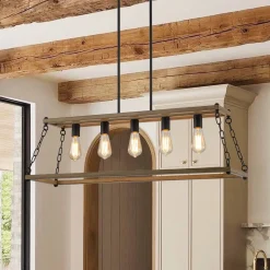 5-Light Trapezoid Wood Grain Chain Linear Island Chandelier