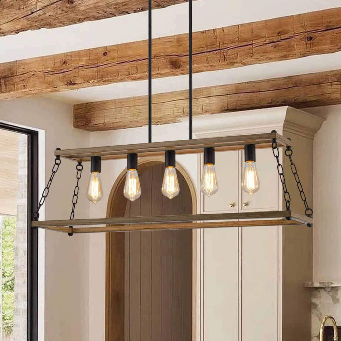 5-Light Trapezoid Wood Grain Chain Linear Island Chandelier