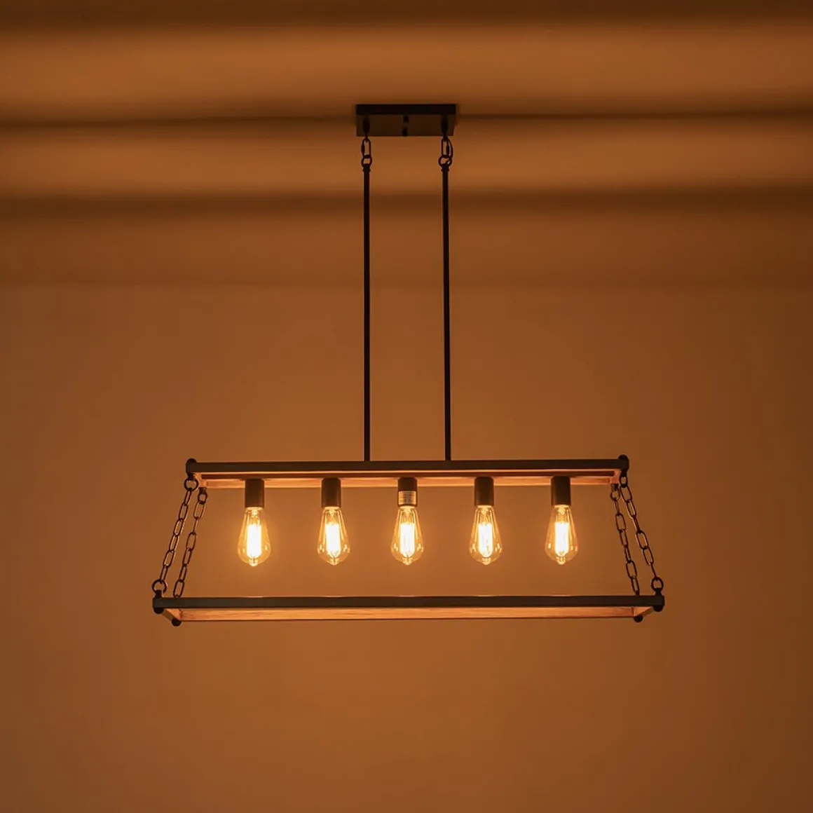 5-Light Trapezoid Wood Grain Chain Linear Island Chandelier