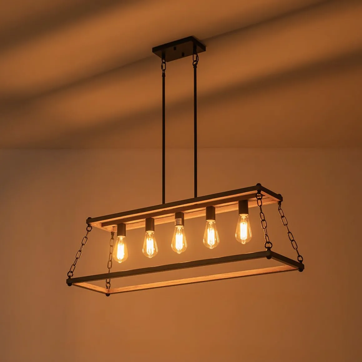 5-Light Trapezoid Wood Grain Chain Linear Island Chandelier