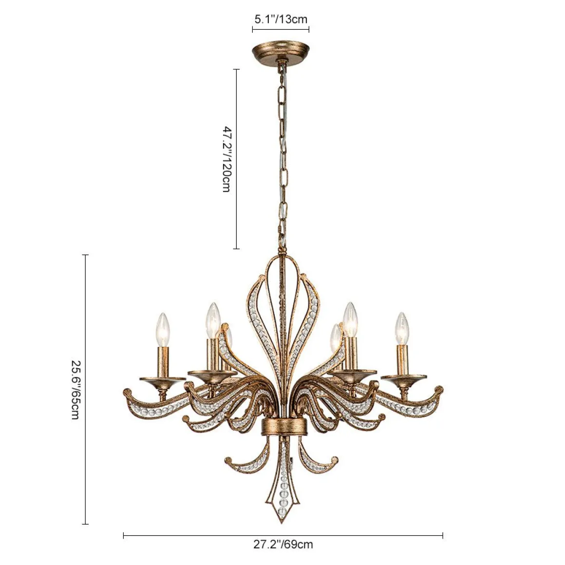 6-Light Vintage Candle Style Chandelier Crystal Beads