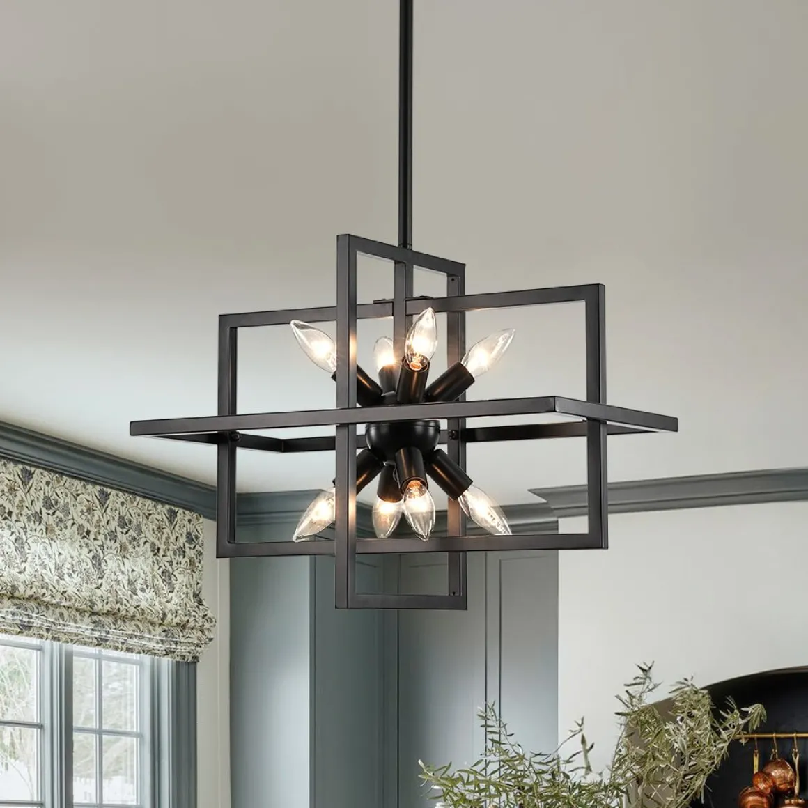 8-Light Vintage Sputnik Black Open Square Lantern Pendant