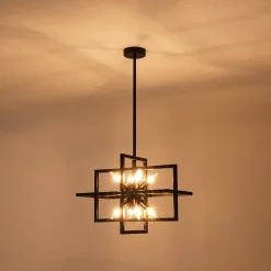 8-Light Vintage Sputnik Black Open Square Lantern Pendant