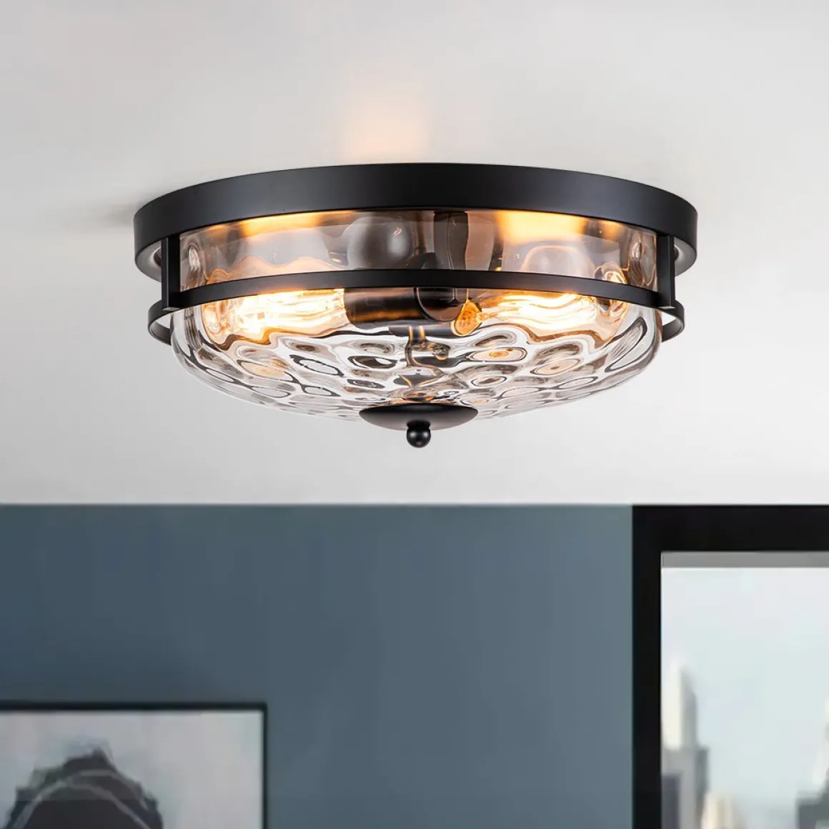 2-Light Water Glass Round Flush Mount Ceiling Light