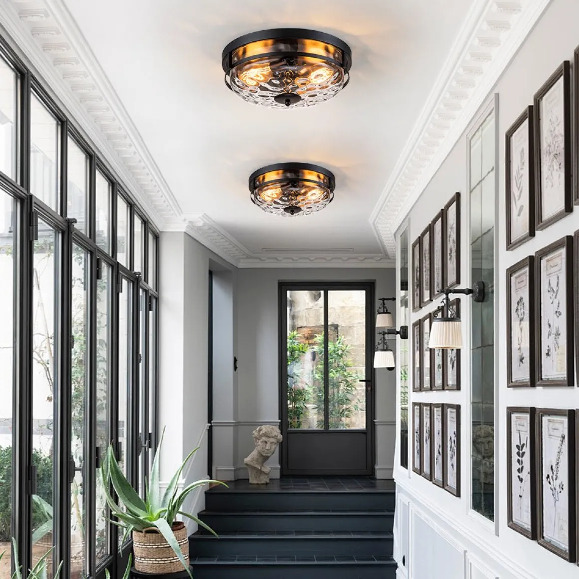 2-Light Water Glass Round Flush Mount Ceiling Light