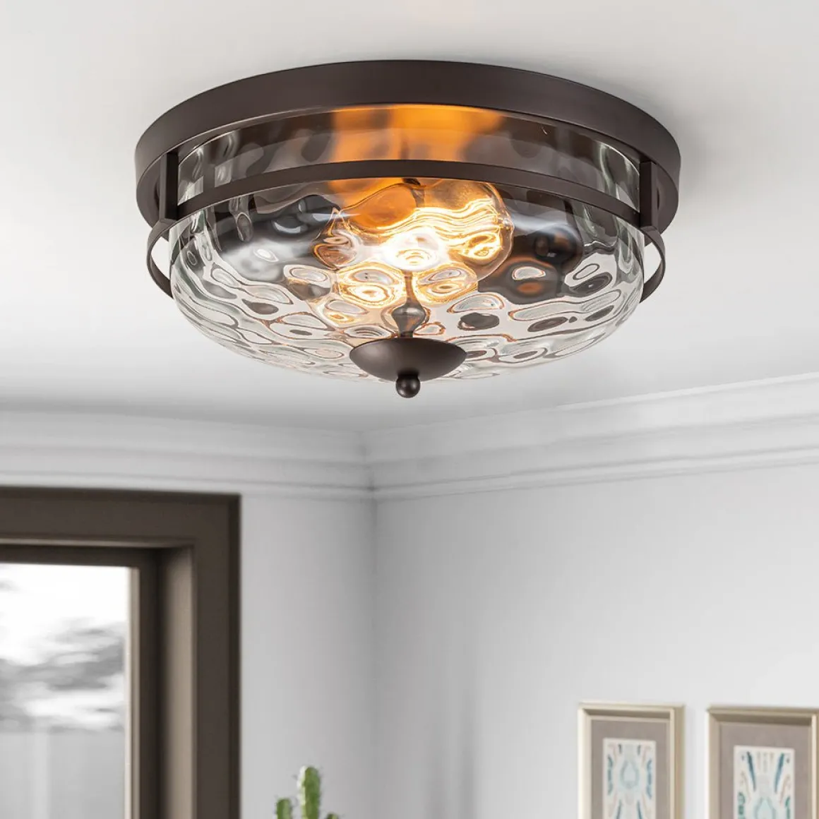 2-Light Water Glass Round Flush Mount Ceiling Light