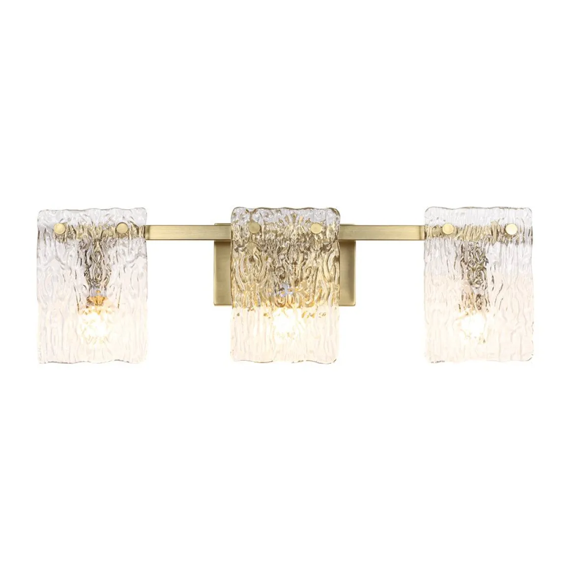 3-Light Water Glass Square Panel Brass Vanity Wall Sconce