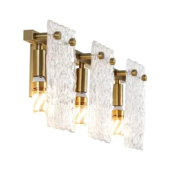 3-Light Water Glass Square Panel Brass Vanity Wall Sconce