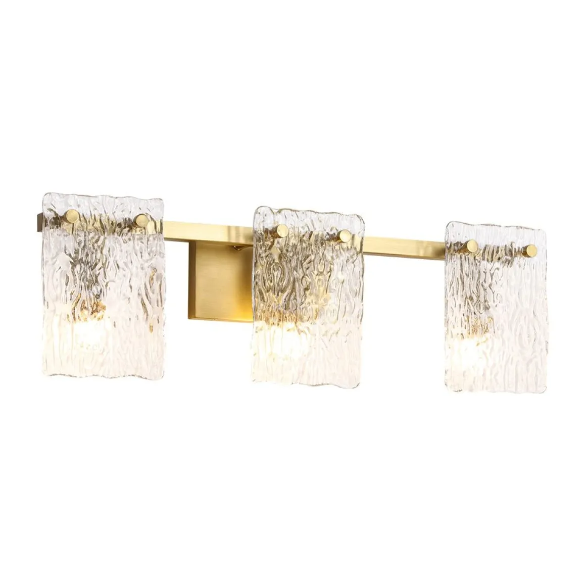 3-Light Water Glass Square Panel Brass Vanity Wall Sconce