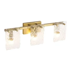 3-Light Water Glass Square Panel Brass Vanity Wall Sconce