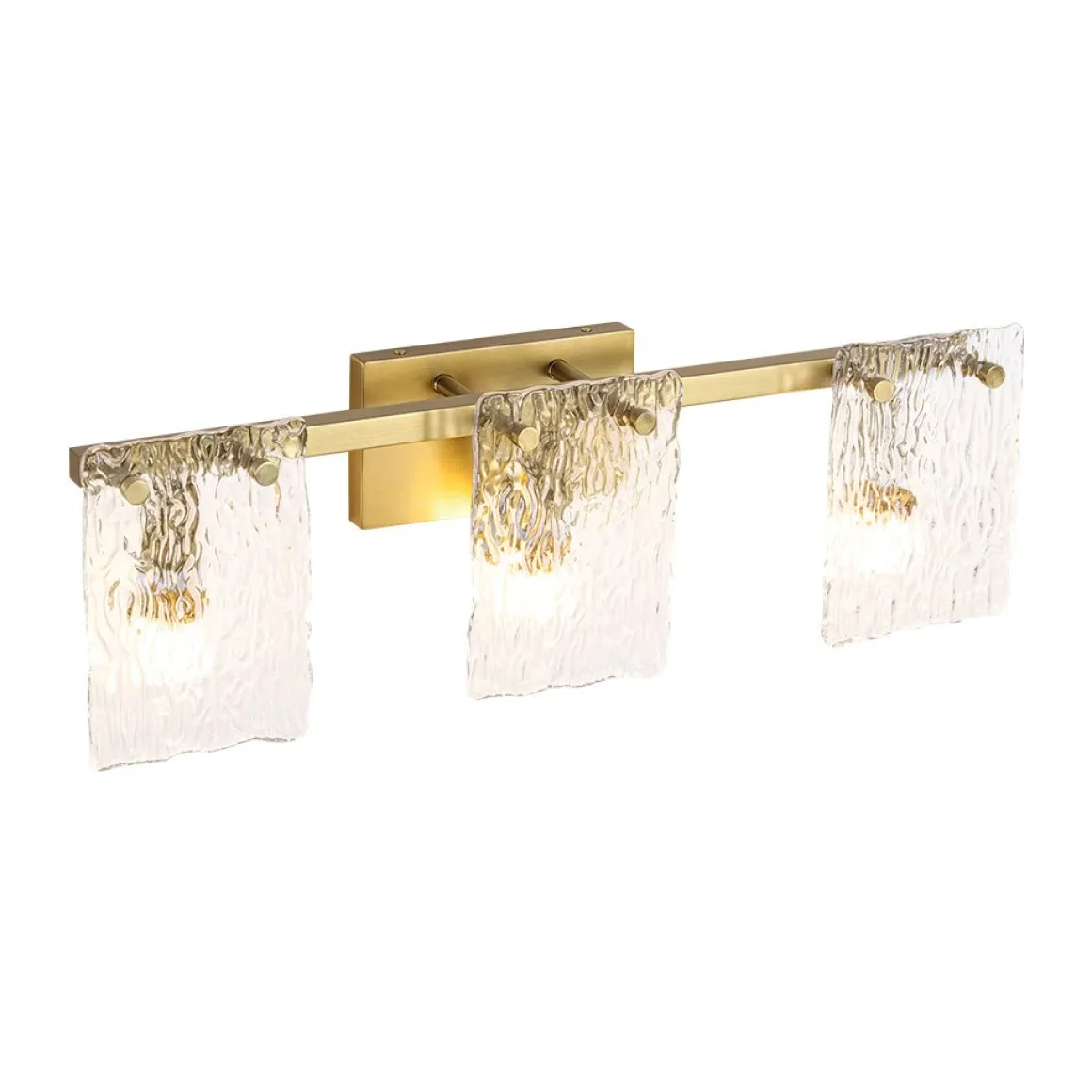 3-Light Water Glass Square Panel Brass Vanity Wall Sconce
