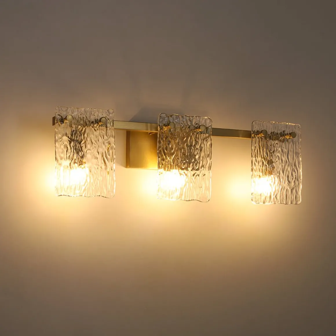 3-Light Water Glass Square Panel Brass Vanity Wall Sconce