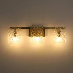 3-Light Water Glass Square Panel Brass Vanity Wall Sconce
