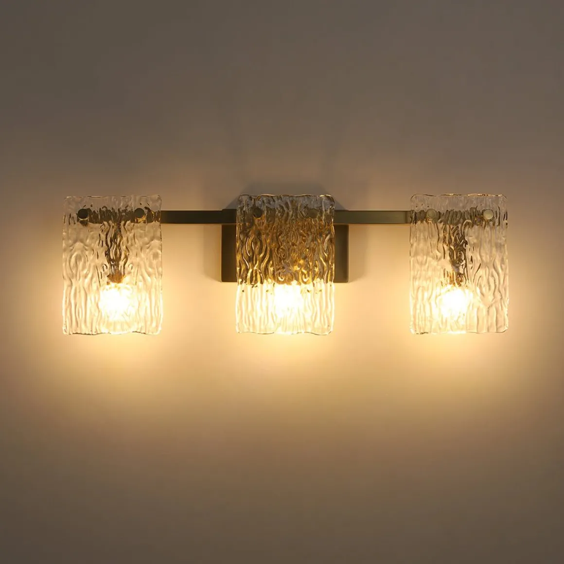 3-Light Water Glass Square Panel Brass Vanity Wall Sconce