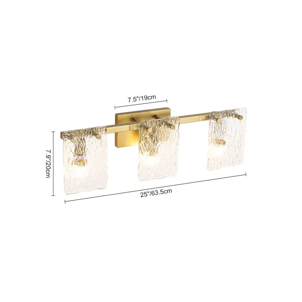 3-Light Water Glass Square Panel Brass Vanity Wall Sconce