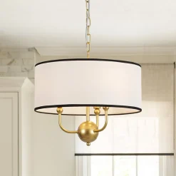 3-Light White Fabric Candle Style Round Drum Cage Pendant