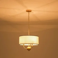 3-Light White Fabric Candle Style Round Drum Cage Pendant