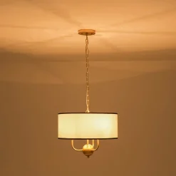 3-Light White Fabric Candle Style Round Drum Cage Pendant