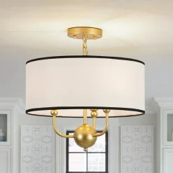 3-Light White Fabric Candle Style Round Drum Cage Pendant
