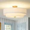 4-Light White Linen Round Drum Brass Semi Flush Mount