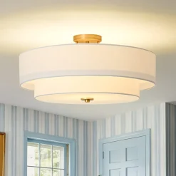4-Light White Linen Round Drum Brass Semi Flush Mount