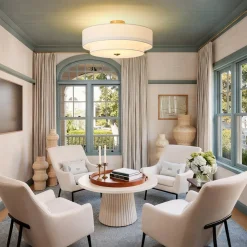 4-Light White Linen Round Drum Brass Semi Flush Mount