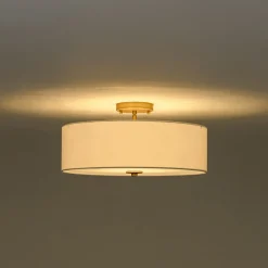 4-Light White Linen Round Drum Brass Semi Flush Mount