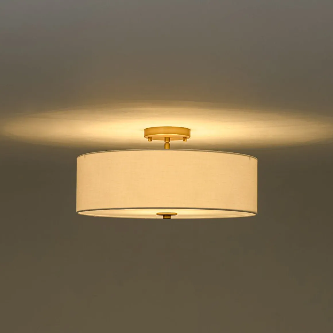 4-Light White Linen Round Drum Brass Semi Flush Mount