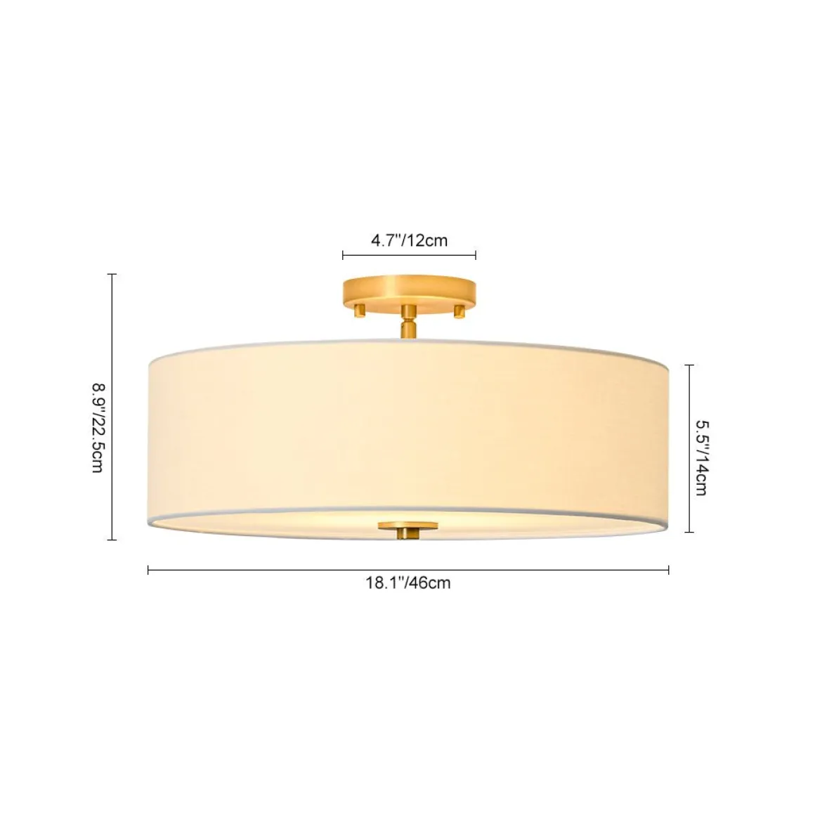 4-Light White Linen Round Drum Brass Semi Flush Mount