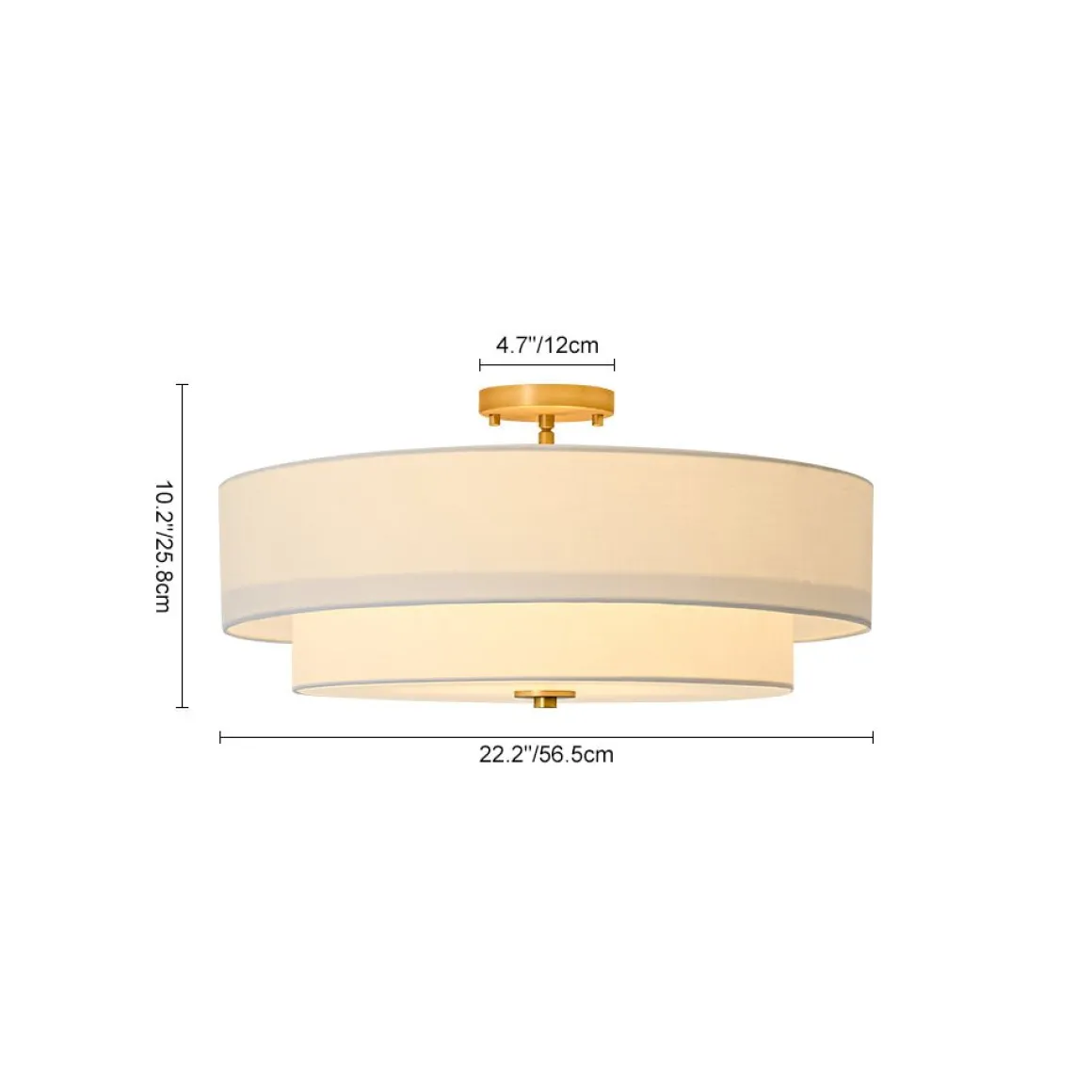 4-Light White Linen Round Drum Brass Semi Flush Mount