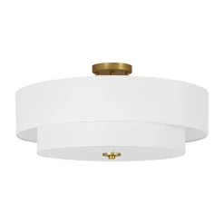 4-Light White Linen Round Drum Brass Semi Flush Mount
