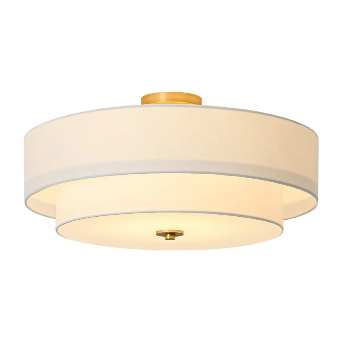 4-Light White Linen Round Drum Brass Semi Flush Mount