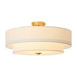 4-Light White Linen Round Drum Brass Semi Flush Mount