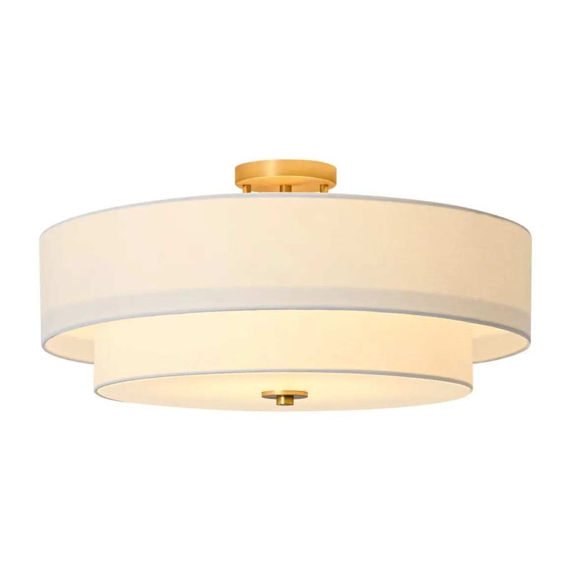 4-Light White Linen Round Drum Brass Semi Flush Mount