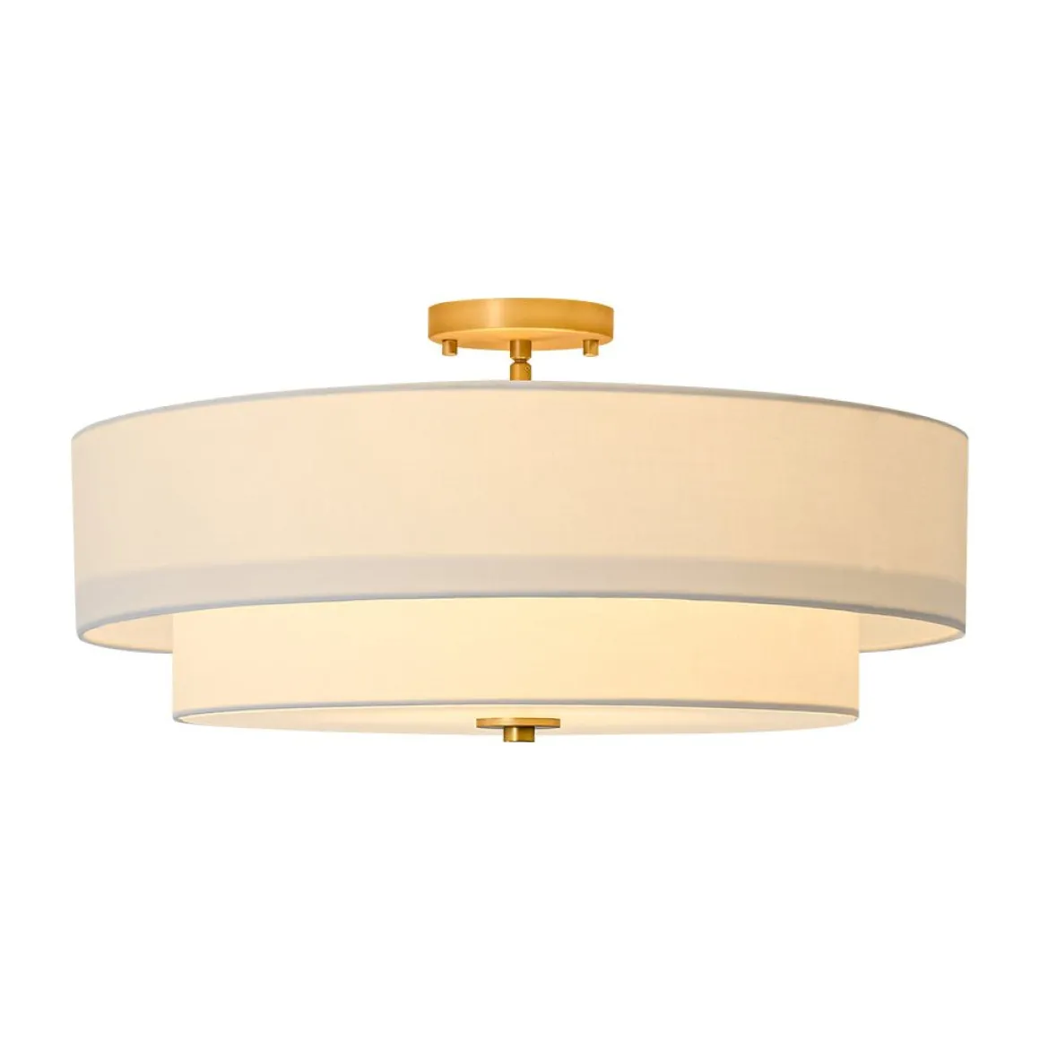 4-Light White Linen Round Drum Brass Semi Flush Mount