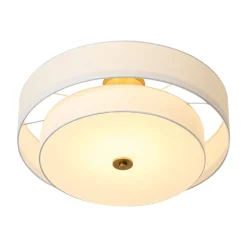 4-Light White Linen Round Drum Brass Semi Flush Mount