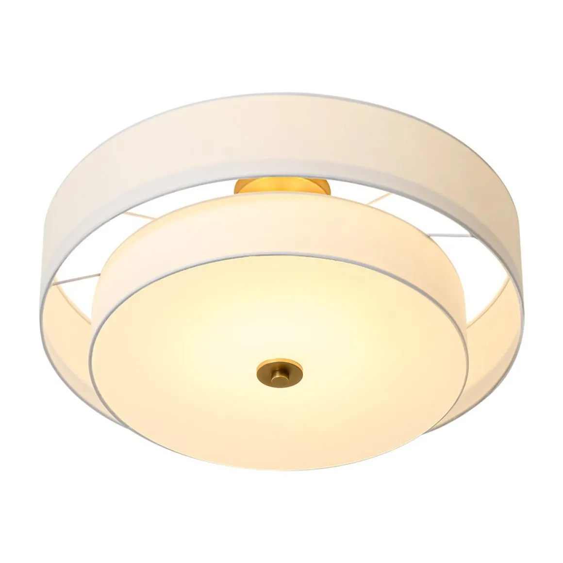 4-Light White Linen Round Drum Brass Semi Flush Mount