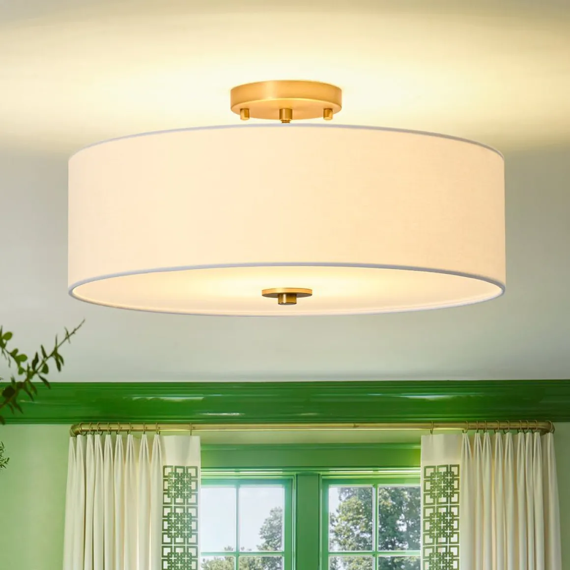 4-Light White Linen Round Drum Brass Semi Flush Mount