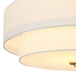 4-Light White Linen Round Drum Brass Semi Flush Mount
