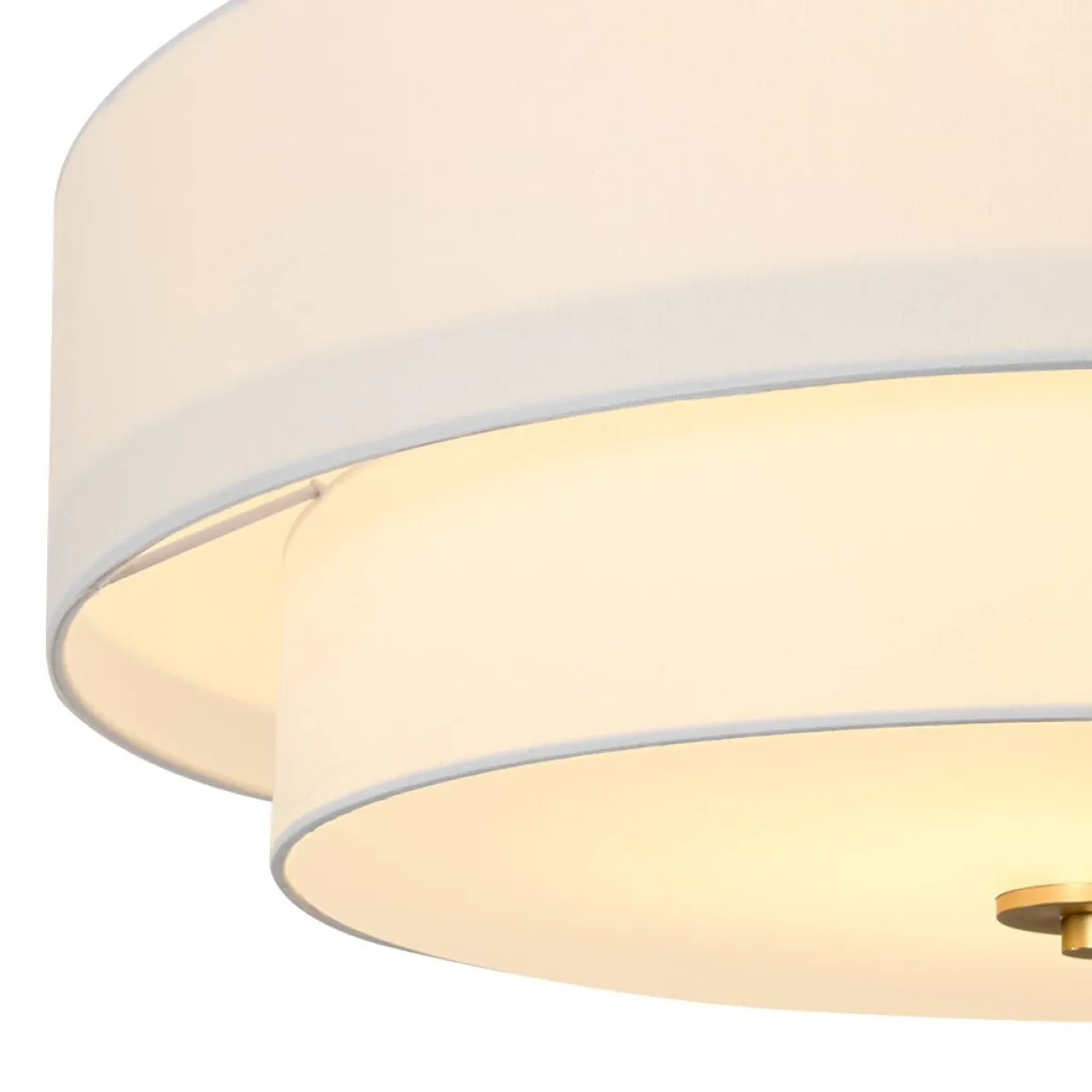 4-Light White Linen Round Drum Brass Semi Flush Mount