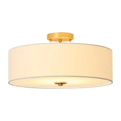 4-Light White Linen Round Drum Brass Semi Flush Mount