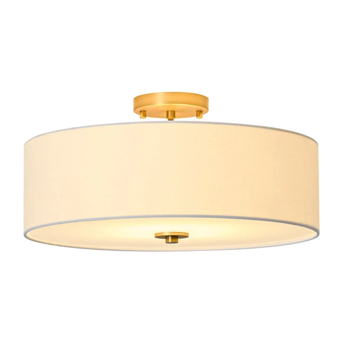 4-Light White Linen Round Drum Brass Semi Flush Mount