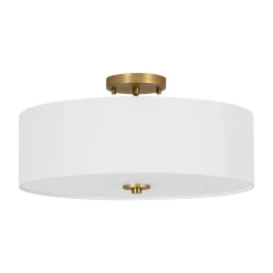 4-Light White Linen Round Drum Brass Semi Flush Mount
