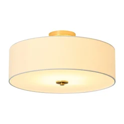 4-Light White Linen Round Drum Brass Semi Flush Mount