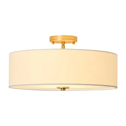 4-Light White Linen Round Drum Brass Semi Flush Mount