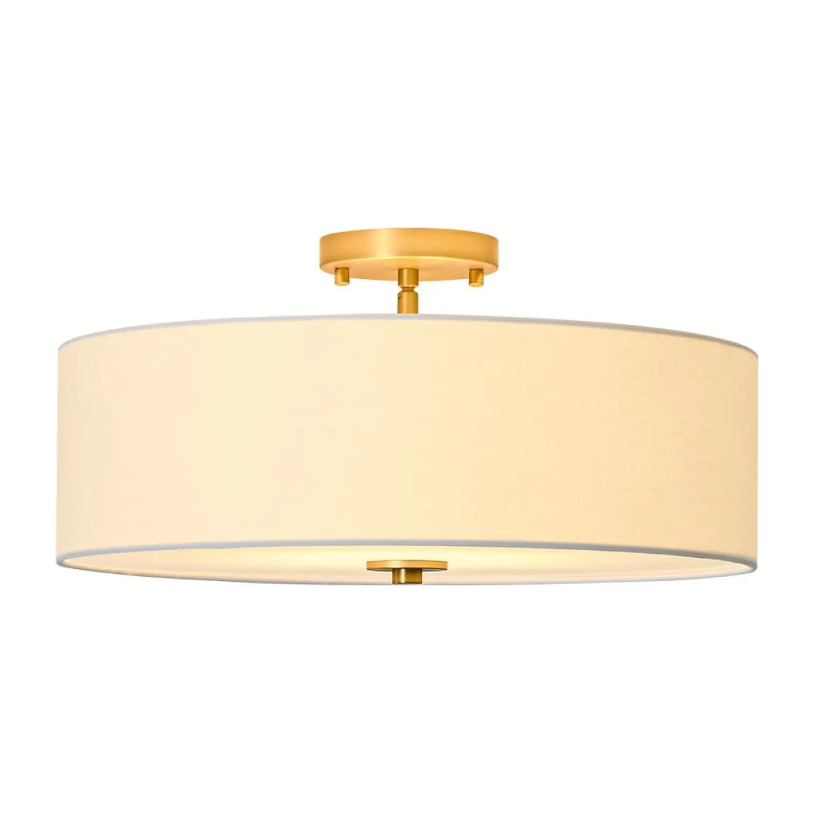 4-Light White Linen Round Drum Brass Semi Flush Mount
