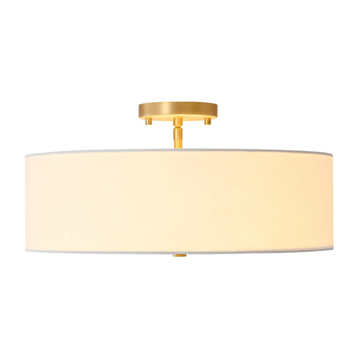 4-Light White Linen Round Drum Brass Semi Flush Mount